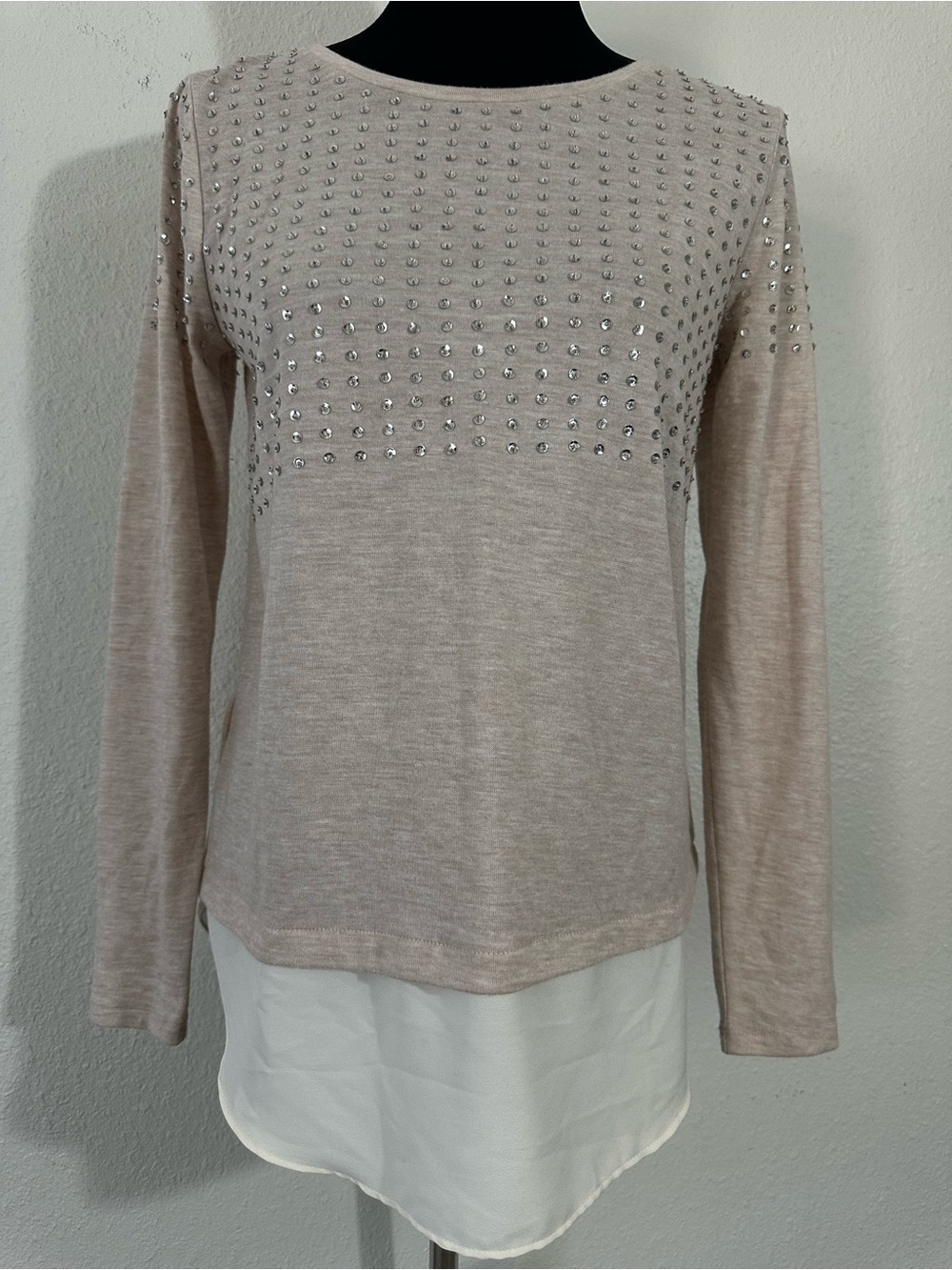 Ann Taylor Beige Knit Top with Rhinestone Detail and White Layered Hem